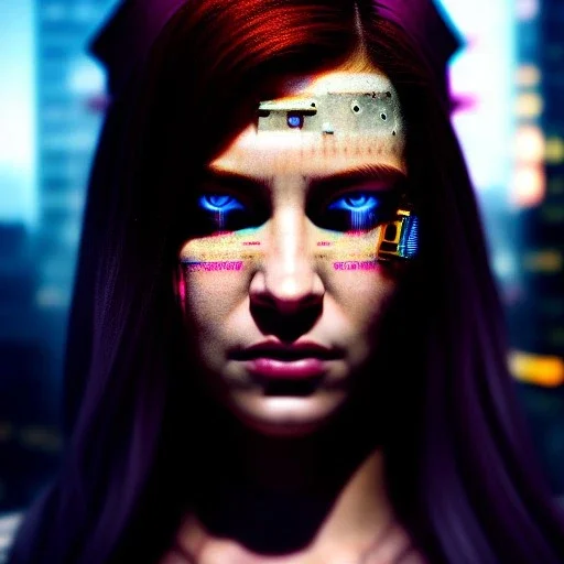 portrait,beautiful female Cyborg, intense stare, sad eyes, post-apocalyptic in a cyberpunk city, bladerunner, realistic, intriacte detail, sci-fi fantasy style, volumetric lighting, particles, highly detailed ,cinamatic , deep colours,8k, in the style of Kaare Andrews