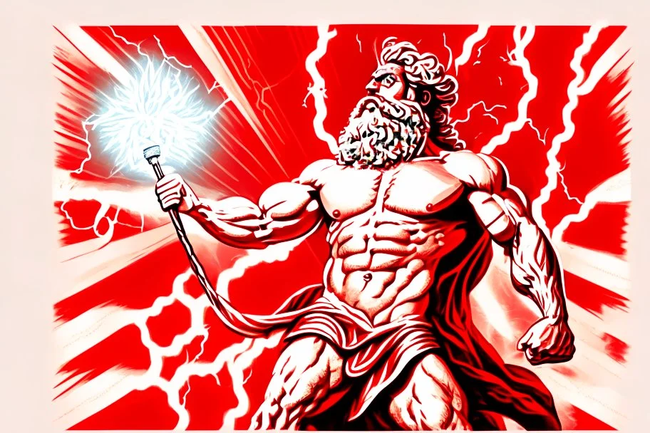 Detailed and realistic illustration of Greek god Zeus holding holding lightning. Vintage style illustration. Red and white lightning. Ultra high resolution. Muscular, low fat percentage.