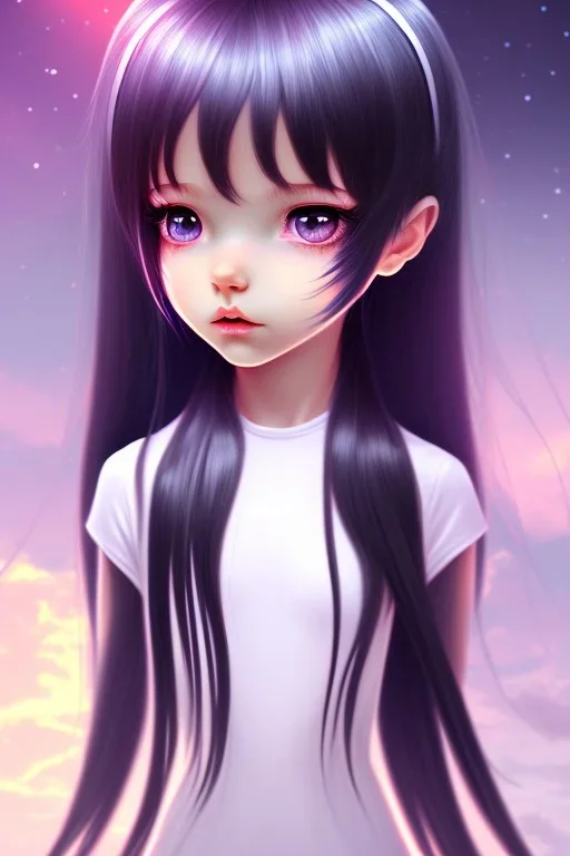 Loli, hands behind back, wholesome, innocent, long black hair, tilted head