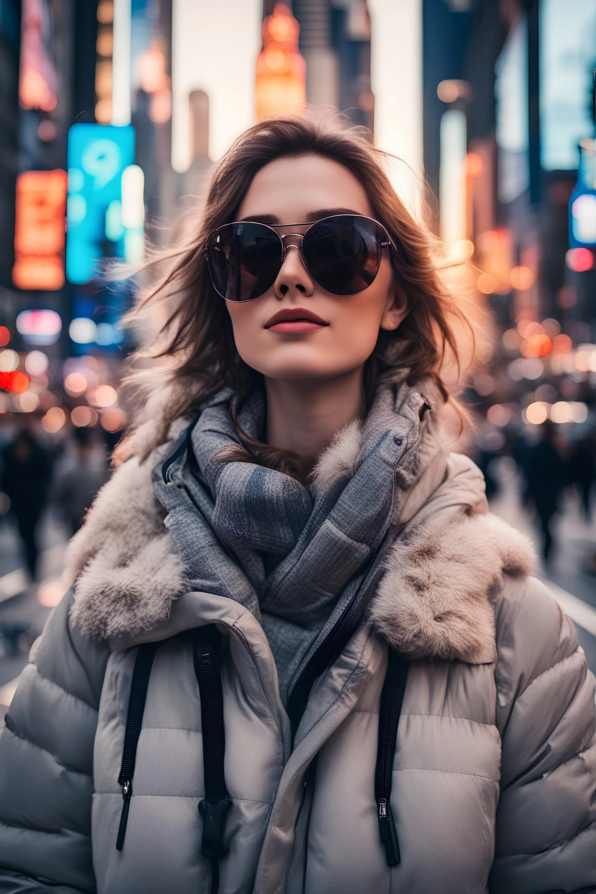 #image Use the same face and a full portrait of me in New York on the street with winter clothes and sunglasses with time square and a sunset in the background for iPhone wallpaper