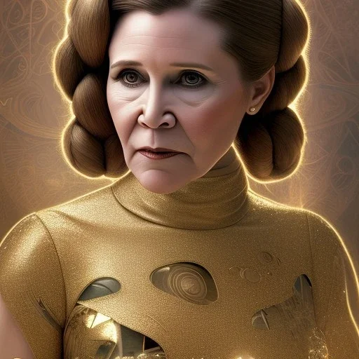 hyperspace background, complete and photo realistic detailed head to waist stunning photo realistic portrait of carrie fisher as Princess Leia in star wars with photo realistic updo hair by Mandy Jurgens and mucha and Richard Schmid and chuck close and chie yoshii, extraordinary and detailed ceremony dress of star wars,brown eyes