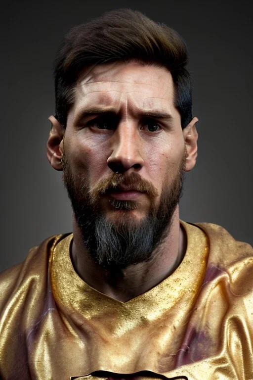 Realistic image, lionel Messi Roman sculpture made in marble with gold veins, gold laurel leaves crown, waist up portrait,marble material, gold ornaments, Renaissance style, sun rays background, epic, celestial, cinematic lighting, God lights, 4k resolution, smooth details, soft lighting, unreal engine 5, art station, substance 3d.