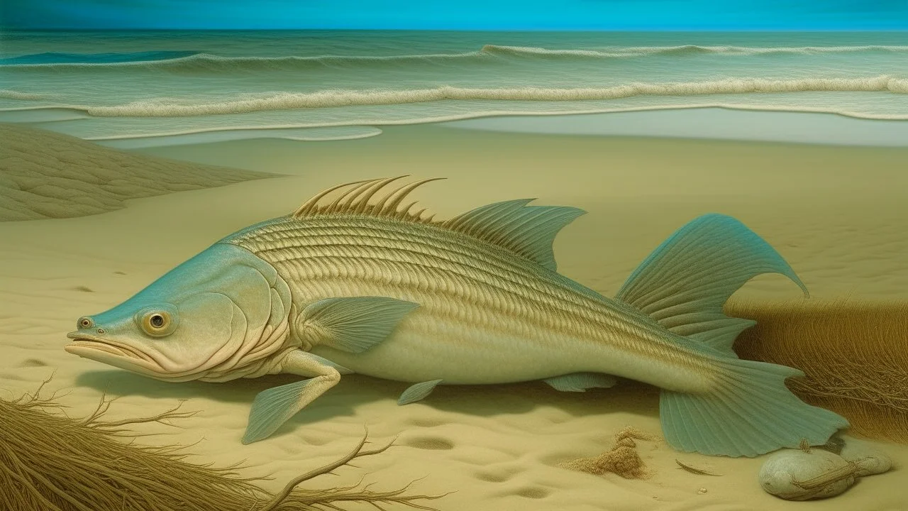 A surrealist painting depicts a hybrid creature with the lower body of a woman and the upper body of a fish, lying on a sandy beach.
