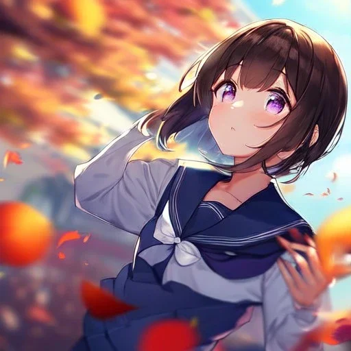 Clear focus,High resolution, one girls, Short brown hair, Purple eyes, Wearing a sailor uniform jumping with blurry sakura leafs falling down