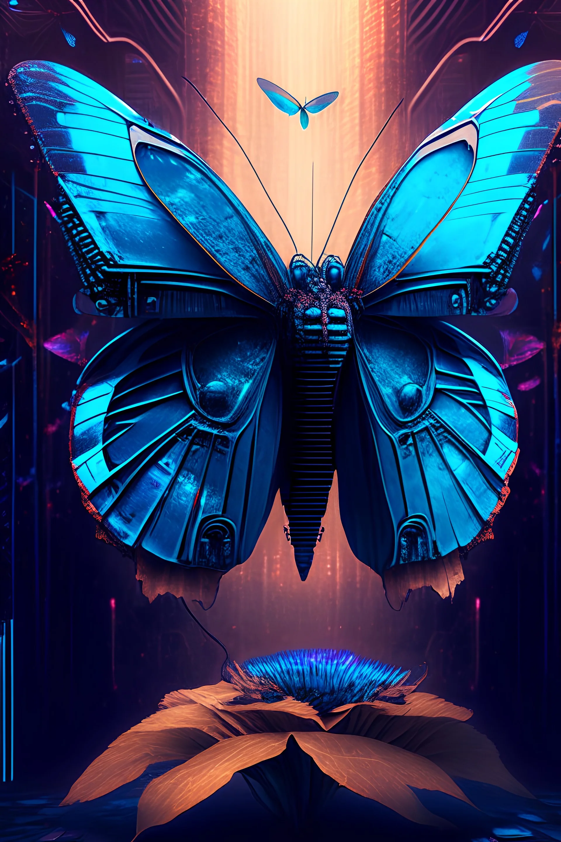 A cyber Morpho butterfly in retro futuristic world