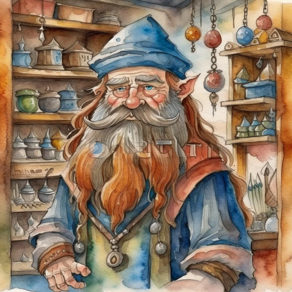 fantasy, watercolour, illustration, portrait, dwarf woman without beard, sturdy, shopkeeper