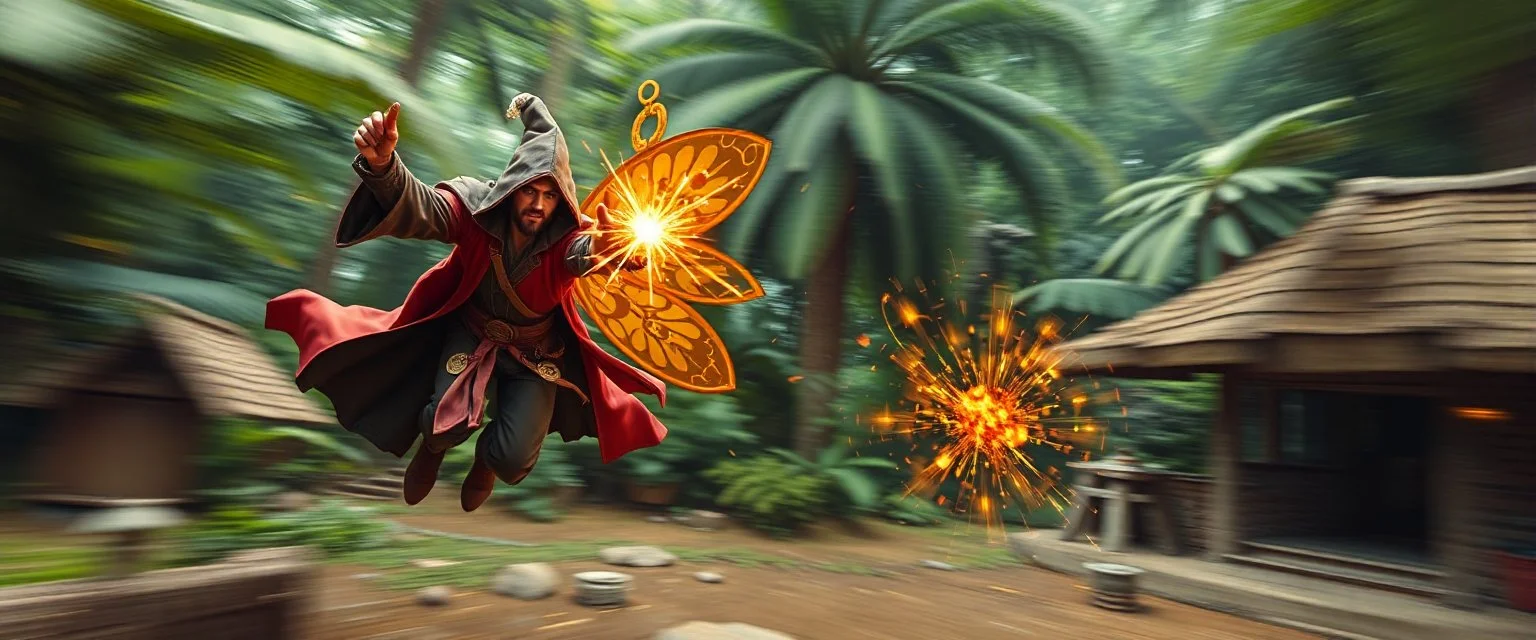 super duper mega rock star fairy thief priest dungeons magician throwing a wild magic spell that performs while flying at high speed through jungle village, background motion blur