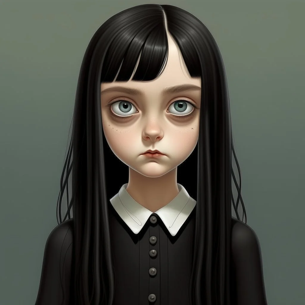 Wednesday addams, with bangs, in the style of Margaret Keane