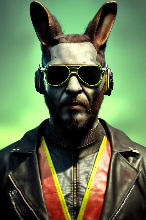 Medium Close Up Portrait, Front image. cyberpunk, rabbit mask, rasta man, white short hair. leather, titanium suit. Yellow, black, red, color. Mad max style. Color background, photo studio. Avatar image, highly detailed, concept art, smooth, unreal engine 5, god rays, ray tracing, RTX, lumen lighting, ultra detail, volumetric lighting, 3d, finely drawn, high definition, high resolution.