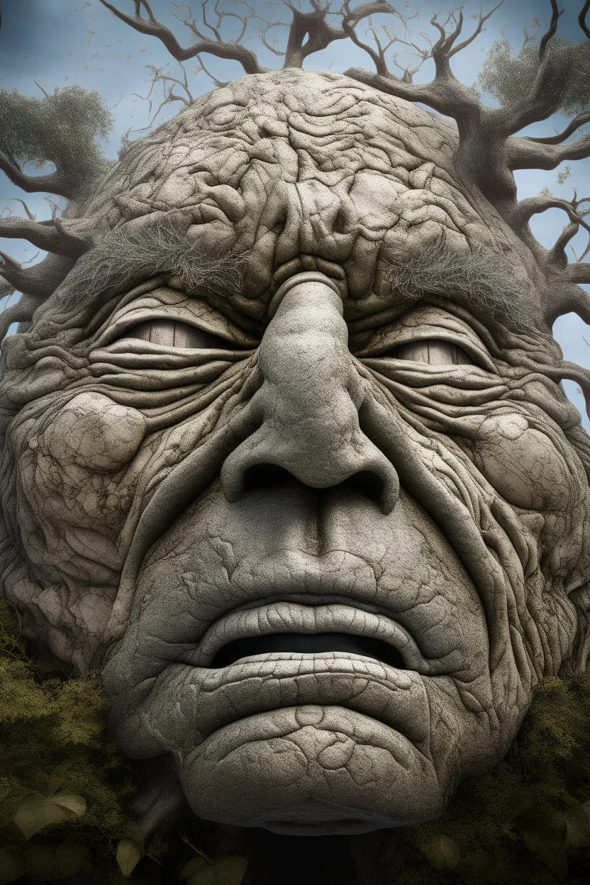 surrealis monochrome A fragmented, surreal sculpture liguid color of photorealistic image 3d,psychedelic art of an old man face glossy emerging from dreamlike a crumbling building. The face appears pale with deep cracks and intricate details, evoking a haunting expression. Blackened tree branches intertwine with the gold mengkilat cracks, set against a backdrop of stormy, cloud-filled skies. bauhaus art The overall tone is dark and moody, suggesting themes of decay and transformation. Include