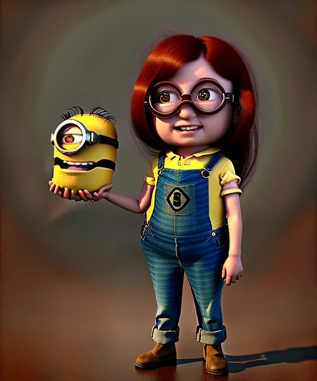 Female Minion toddler, steampunk, full body, red hair, leather jacket, dramatic lighting, hyper realistic