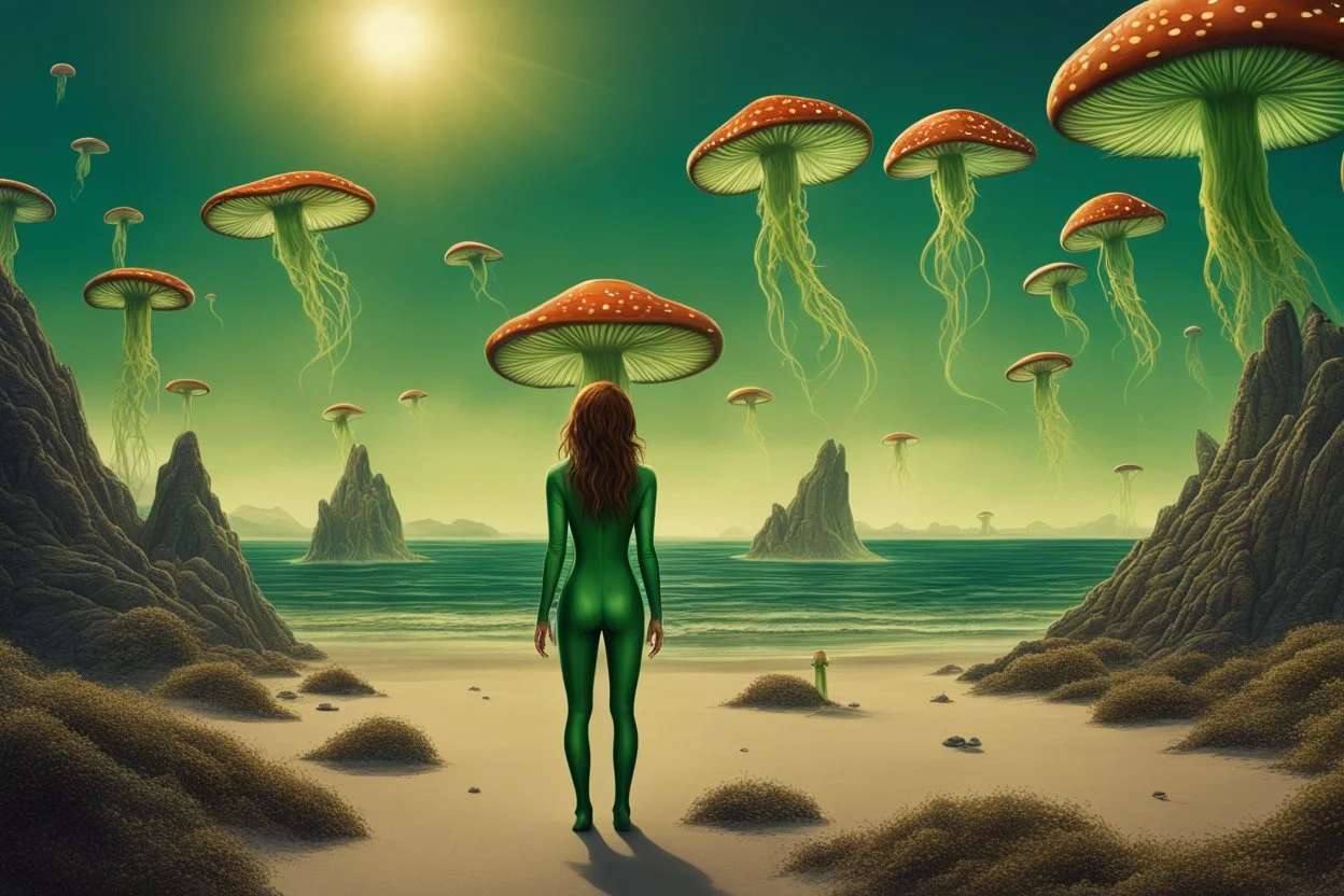 woman in a green catsuit, standing on a beach of an alien world, watching mushrooms with jellyfish tentacles in the sky, photorealistic, Deep Colour, Fantastical, Intricate Detail, sunshine