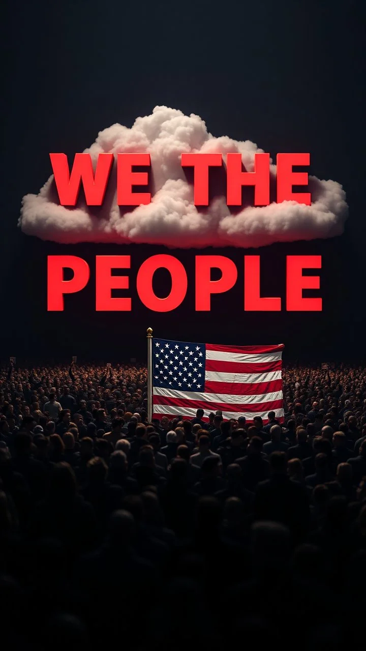 A field of random people in a dark lighting , at the top of the picture a huge 3D text for the words “WE THE PEOPLE “ in the clouds and a huge American flag in 3D