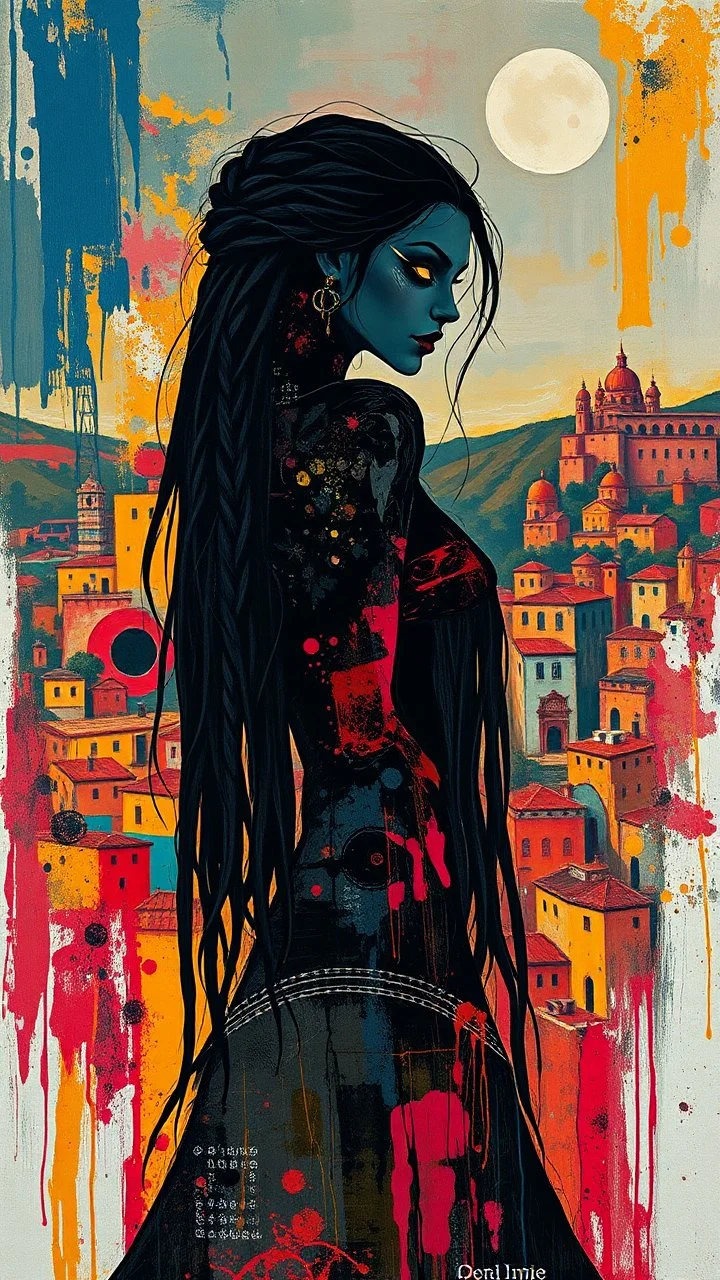 full body, wildly stylized abstract realist painting of a bold, audacious female vampire with highly detailed long dark braided hair and facial features and glowing eyes in the style of Jeremy Mann, her silhouette residing amidst bold, attention-grabbing abstract design that's defined by a wash of vibrant, highly saturated natural hues, juxtaposed against stark, surrealist medieval Spanish landscape of bustling colored cityscapes