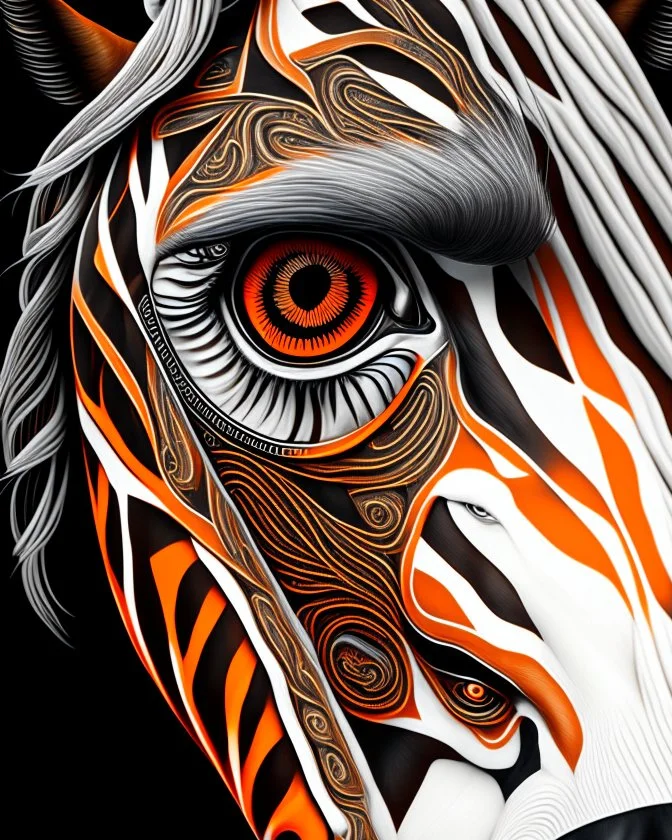 Horse symmetrical design symmetrical eyes symmetrical ear symmetrical frontal view ink art colours orange cream white and black hyper-detailed realistic 8k