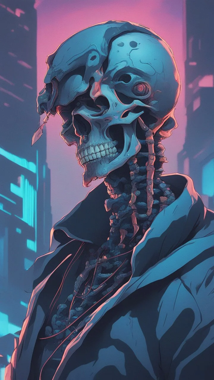 a close up of a person with a skull on their head, blue and black colors, anime skull portrait man, scary detailed art in color, hiroyuki-mitsume takahashi, nychos art aesthetic, half man half skeleton, anime cyberpunk art, colored manga art, rossdraws pastel vibrant, hot colors. insanely detailed, beautiful anime portrait, stunning anime face portrait, scary art in color