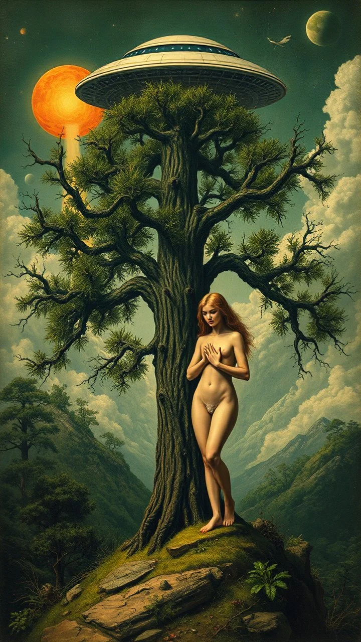Bosch painting style nightmare, Adam and Eve standing by a tree , a ufo spaceship in the background