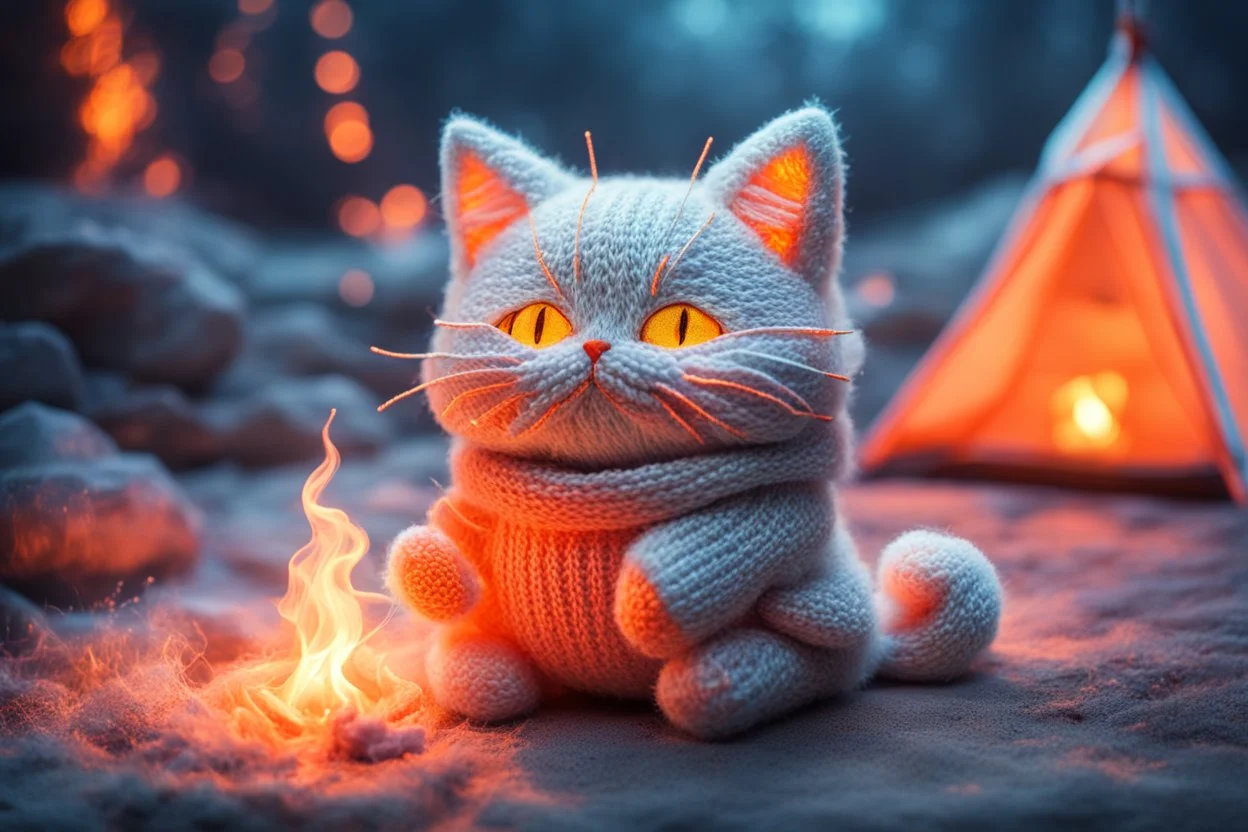 Against a dark cracked holographic marble background, a cute chibi plushy fluffy knitted and embroidered cat, tent, campfire, pond, mist and fog in sunshine, drawn in orange glowing neon lines. The cracks in the background are golden. Ethereal, cinematic postprocessing.