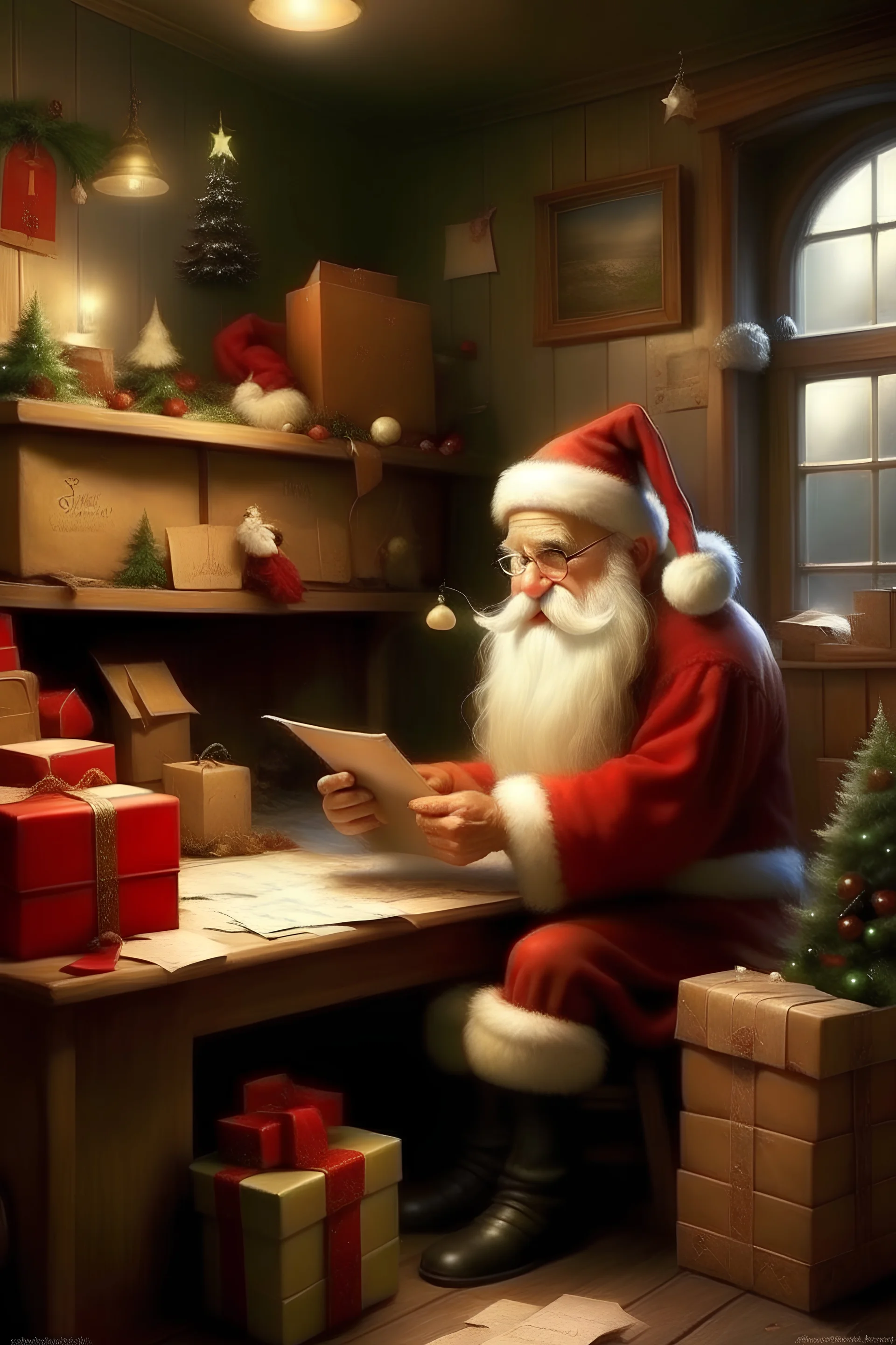 I need a young Santa Claus at the post office sending parcels in a fairy-tale style