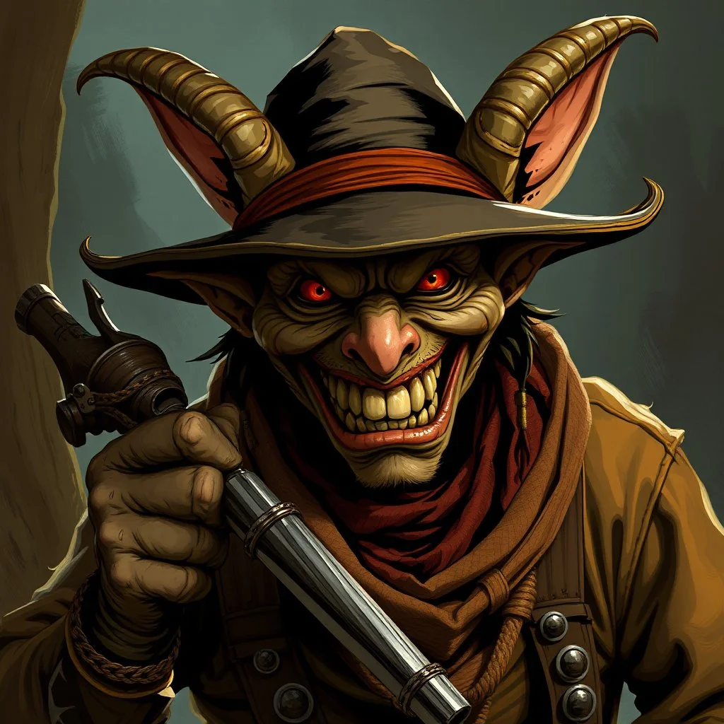 Evil wild west hobgoblin bandit smiling