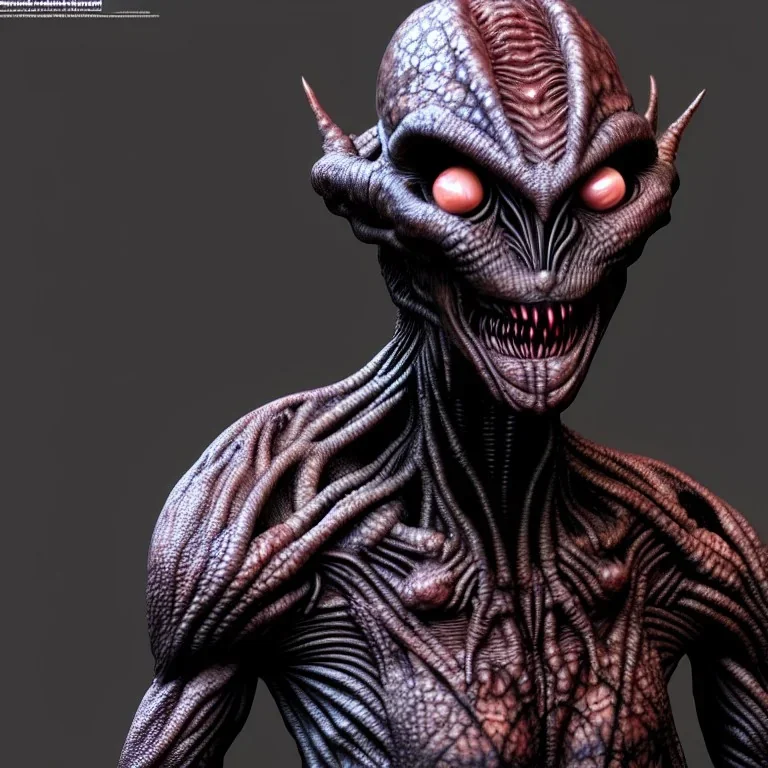 Evil humanoid alien with dark rough skin with scales, concept art, hyper realistic, photorealistic