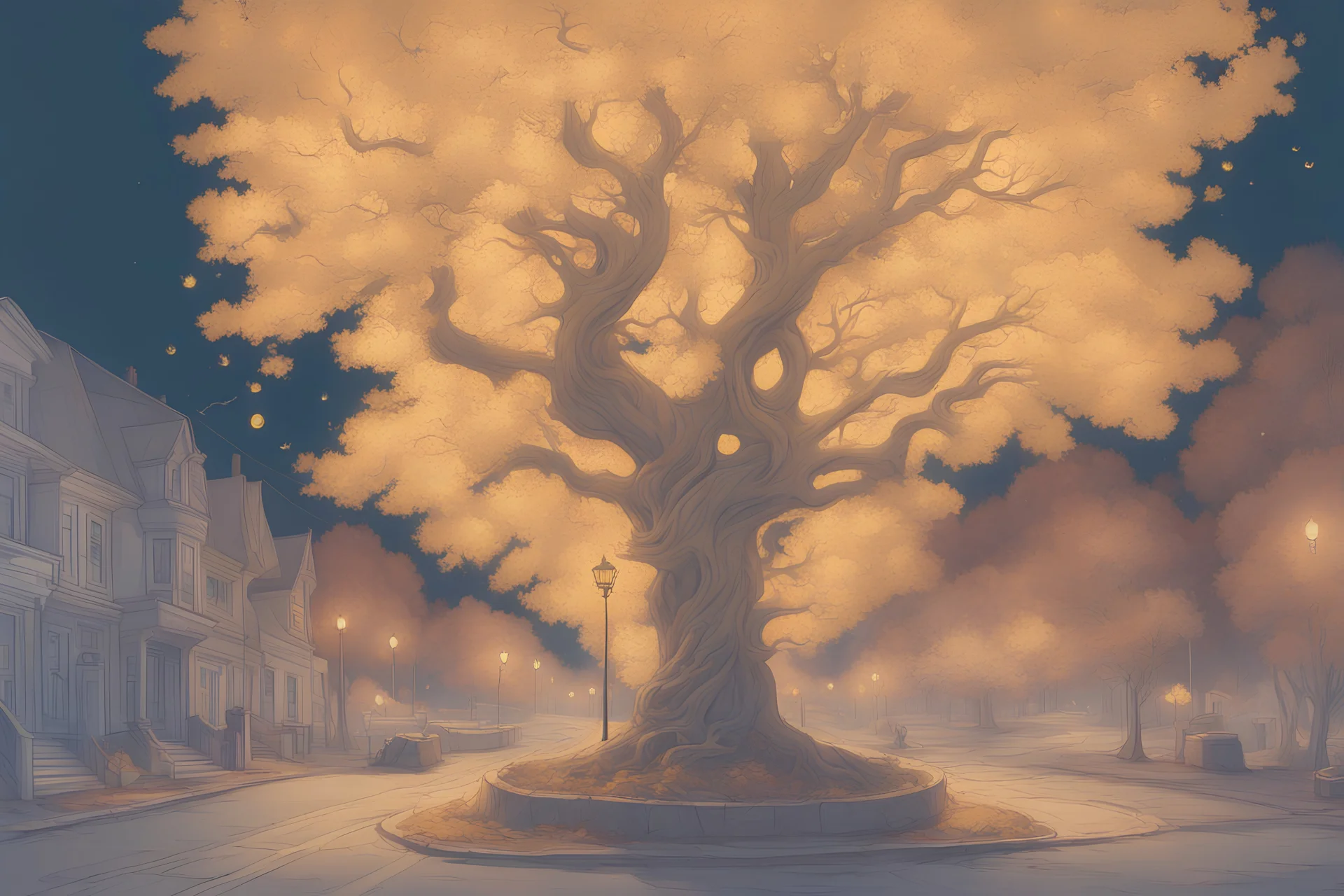 FAll golden tree under street lights on Halloween by James Jean