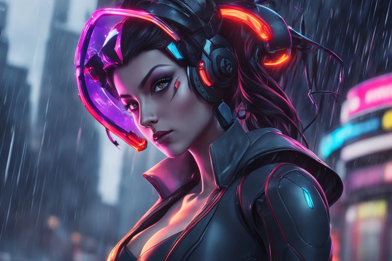 Widowmaker in 8k anime cgi artstyle, spider them, neon effect, close picture, rain, apocalypse, intricate details, highly detailed, high details, detailed portrait, masterpiece,ultra detailed, ultra quality