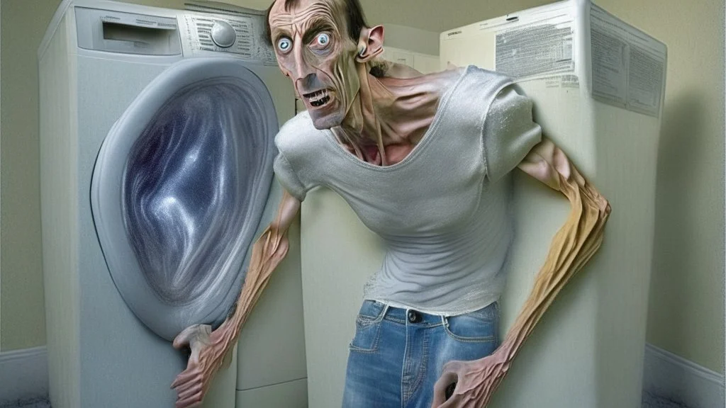 very skinny man unable to move damaged dryer