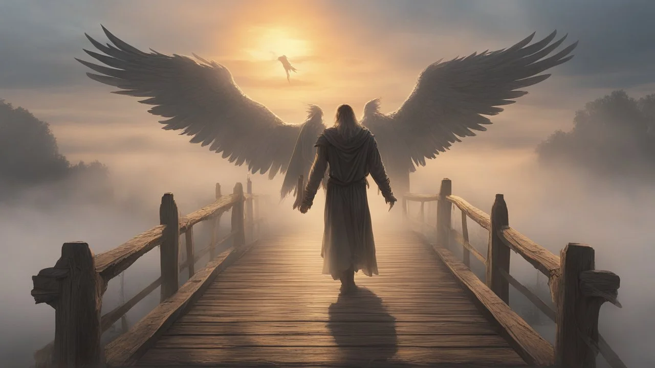 constantine, walking straight ahead over a wooden bridge, holding the angel of death with your right hand, entering the fog at the end of the road that leads to the afterlife, and a beautiful sunset and galaxy's behind the fog, realistic