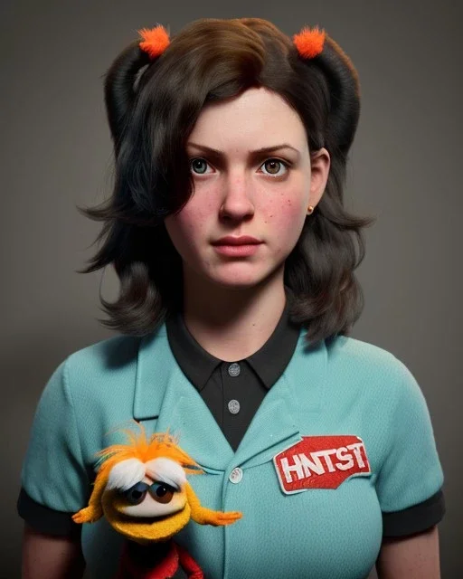 Portrait, Irish waitress woman with monster muppet mask that covers her entire head, retro style, Sesame Street style, black, smooth, unreal engine 5, god lights, ray tracing, RTX, lumen lighting, ultra detail, volumetric lighting, 3d.