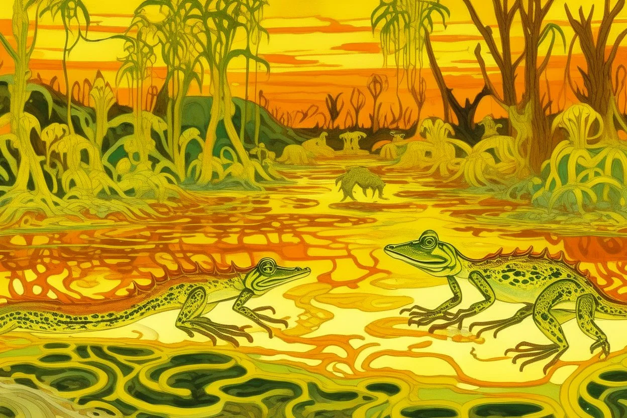 A light yellow swamp with fiery amphibians designed in Navajo woven art painted by Claude Monet