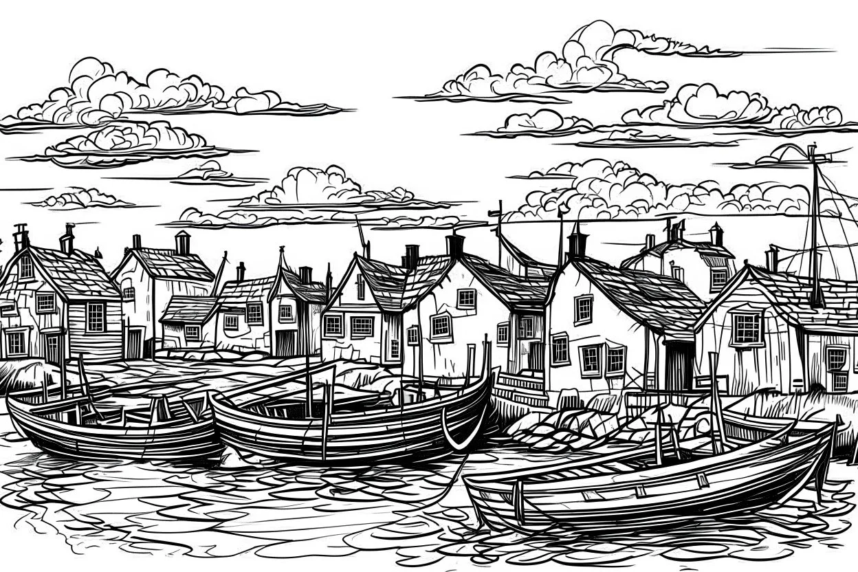 English fishing village blotchy ink minimalist loose outline sketch in blotchy thin lines line art