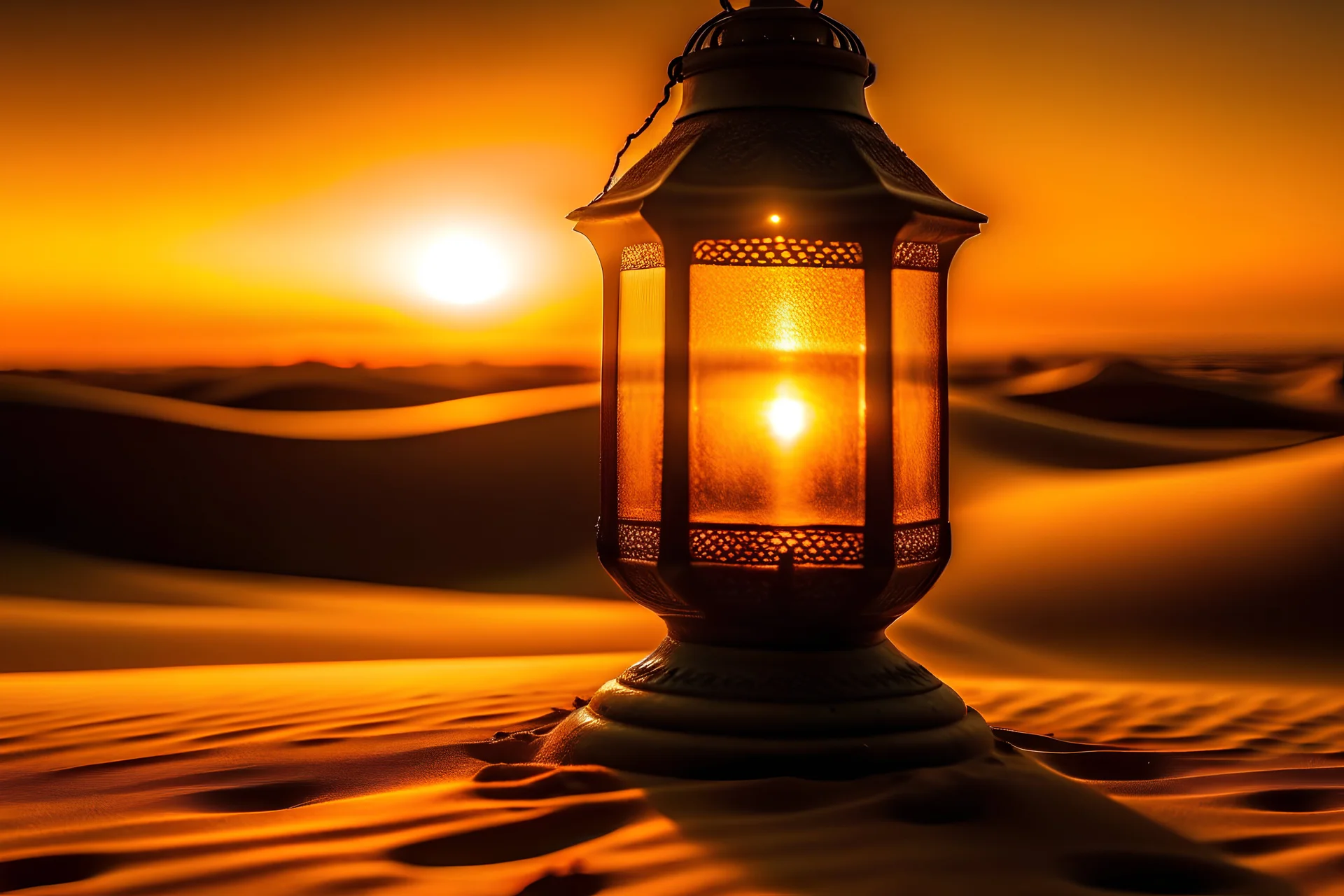 Illuminated golden oriental lantern lying on the sand in the desert dunes at sunset