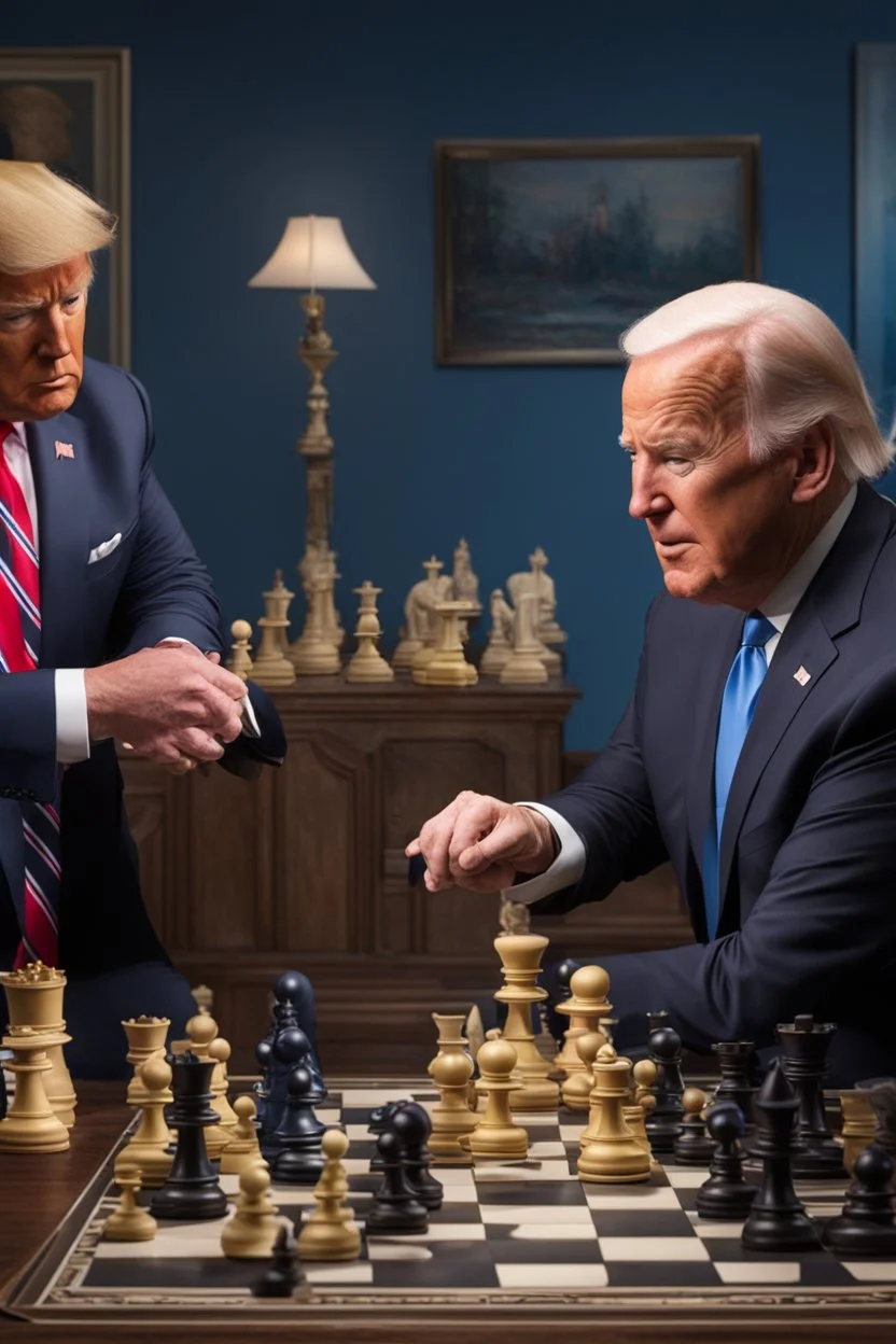 A hyper-realistic , Joe Biden and Trump in a game of chess,Trump smiling ,Biden angry, 64K, hyperrealistic, vivid colors, (glow effects:1.2) , 4K ultra detail, , real photo