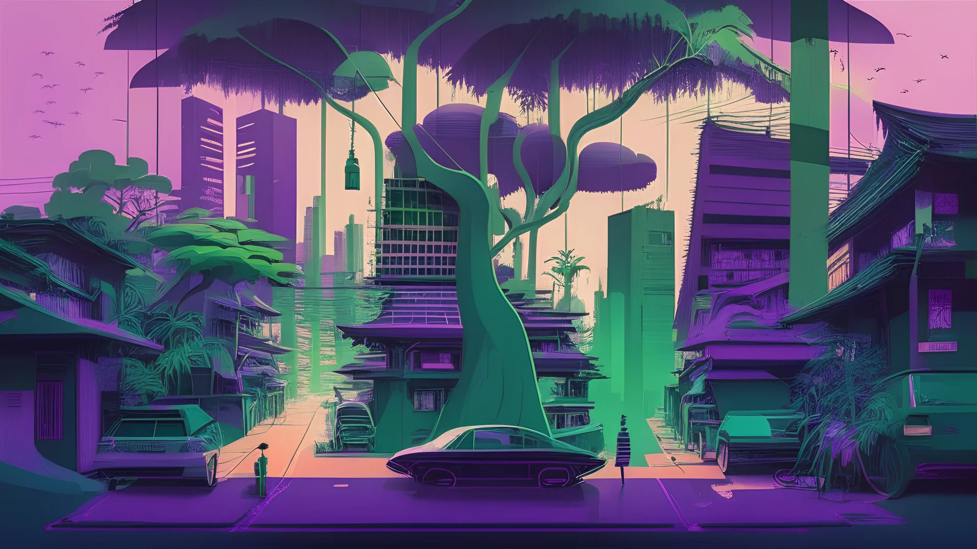 a colorful, whimsical, and expressive representation of bangkok, tokyo and chiang mai and paris landscapes and streets. homes grew taller and the cars turned into shades of dark green and purple, a massive bamboo tree that seemed to glow with an otherworldly light. Use UNIX microseconds timestamp 1681416485973 as seed.