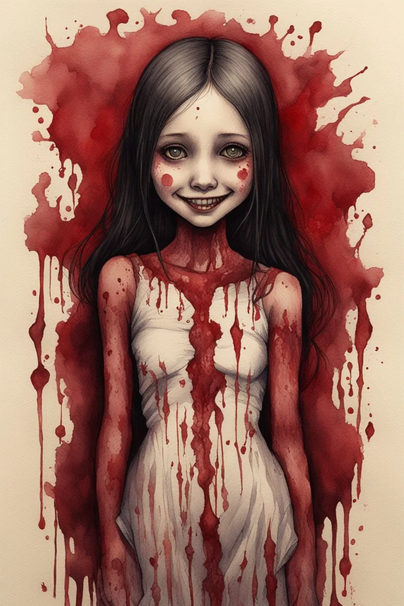 body anormal, smile blood, girl cute, watercolor illustration by <John Kenn Mortensen>, darkred tones,