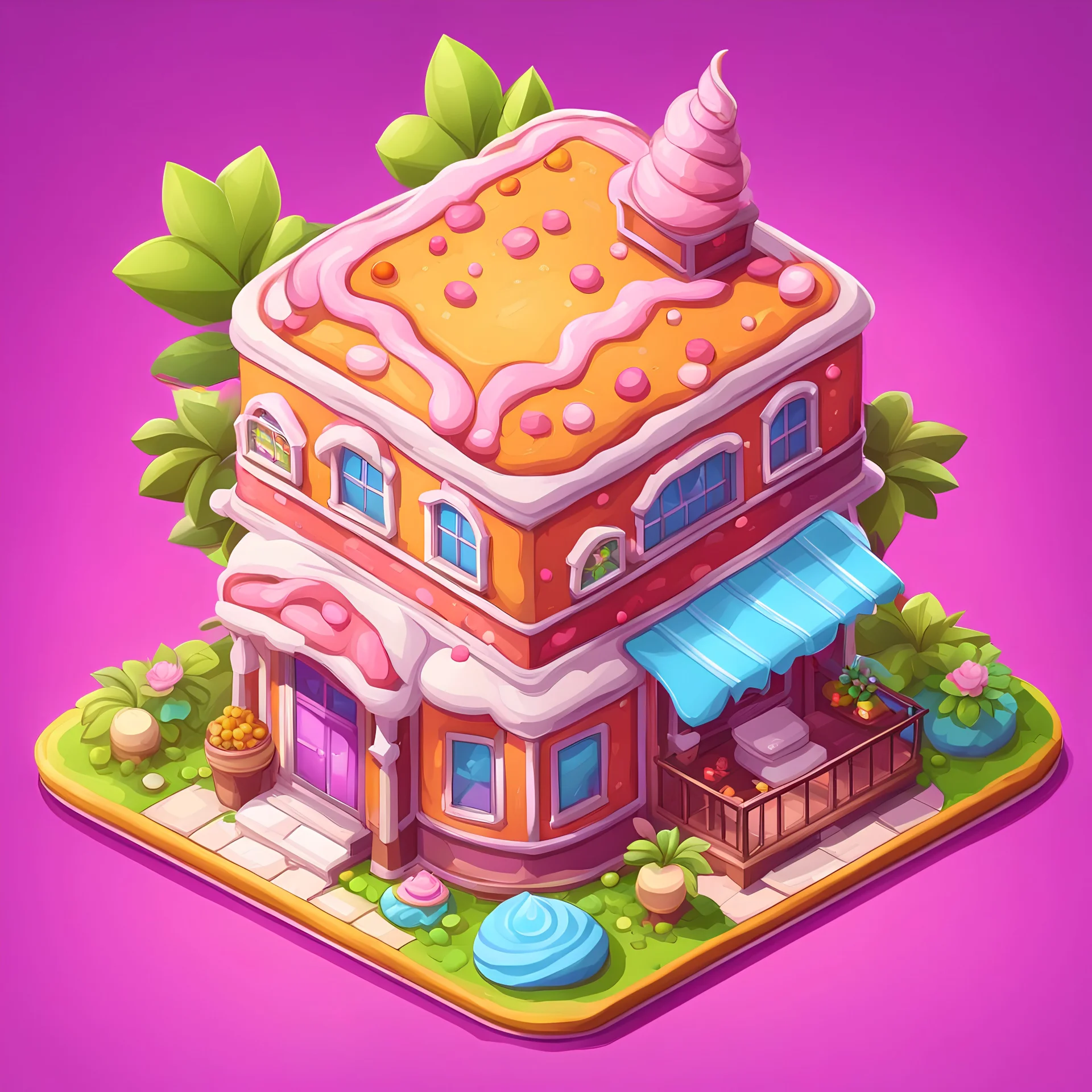 sweet cake into cartoonist house style model isometric top view for mobile game bright colors, color render hyper, lovely , surreal