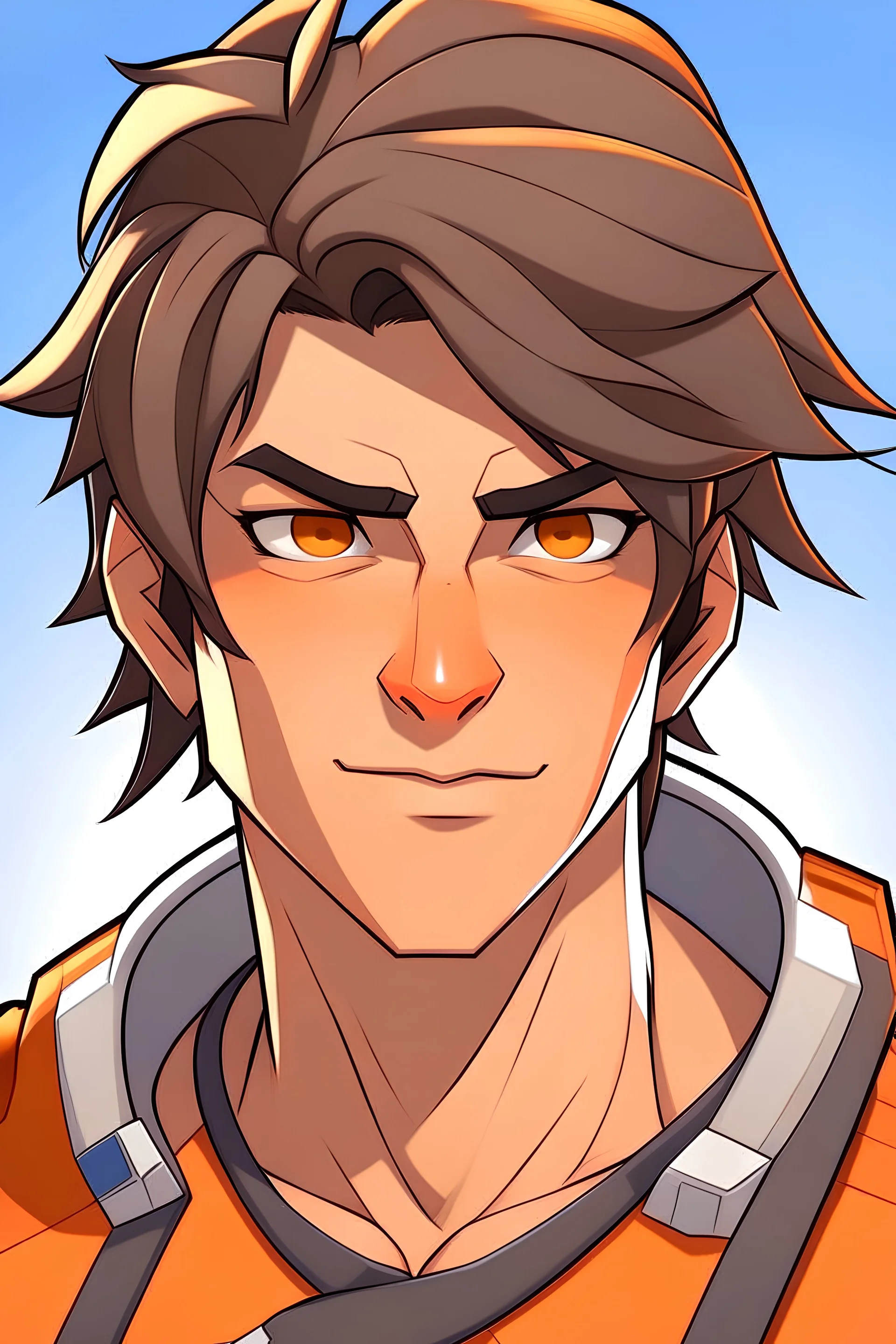 Young man, brown hair, slightly muscular, drawn in the art style of Overwatch