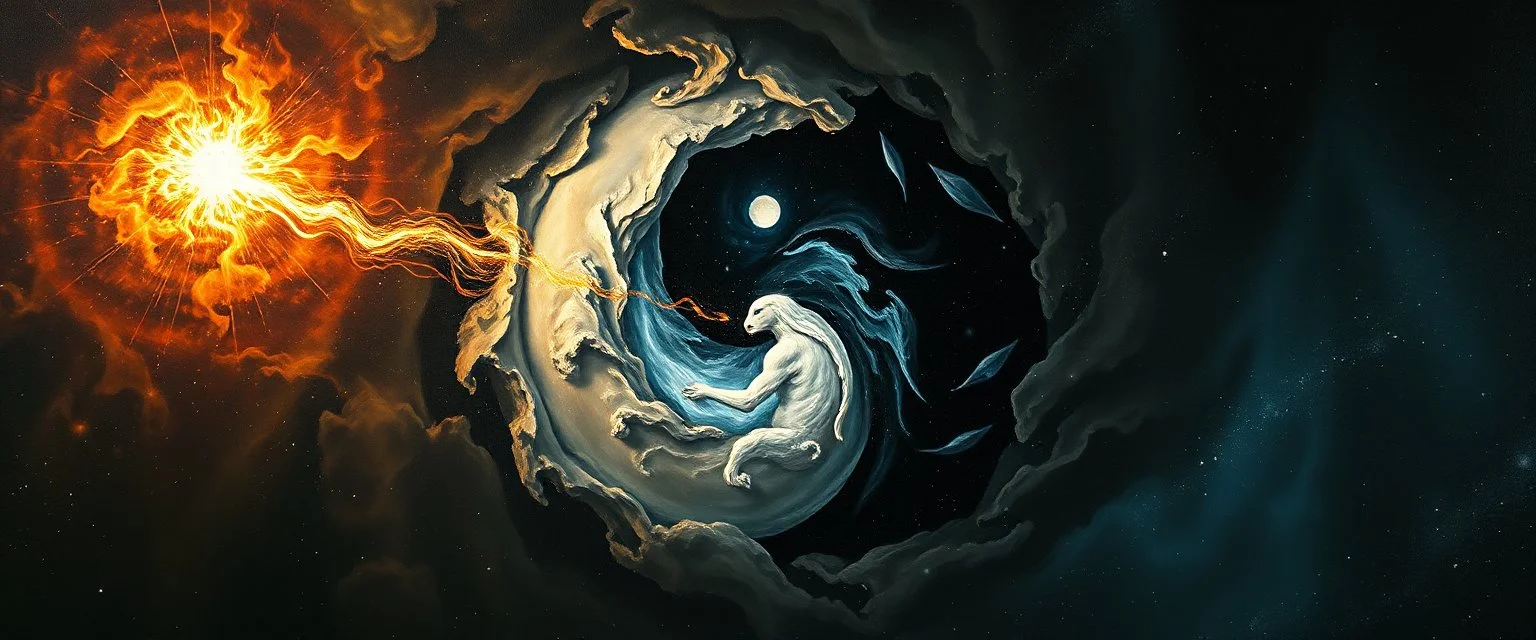 awake within a dream, portrait of ascended yin yang master blaster, master oil painting by Rembrandt, escape route from our dimensions, hidden even to the demiurge, zebra worm hole