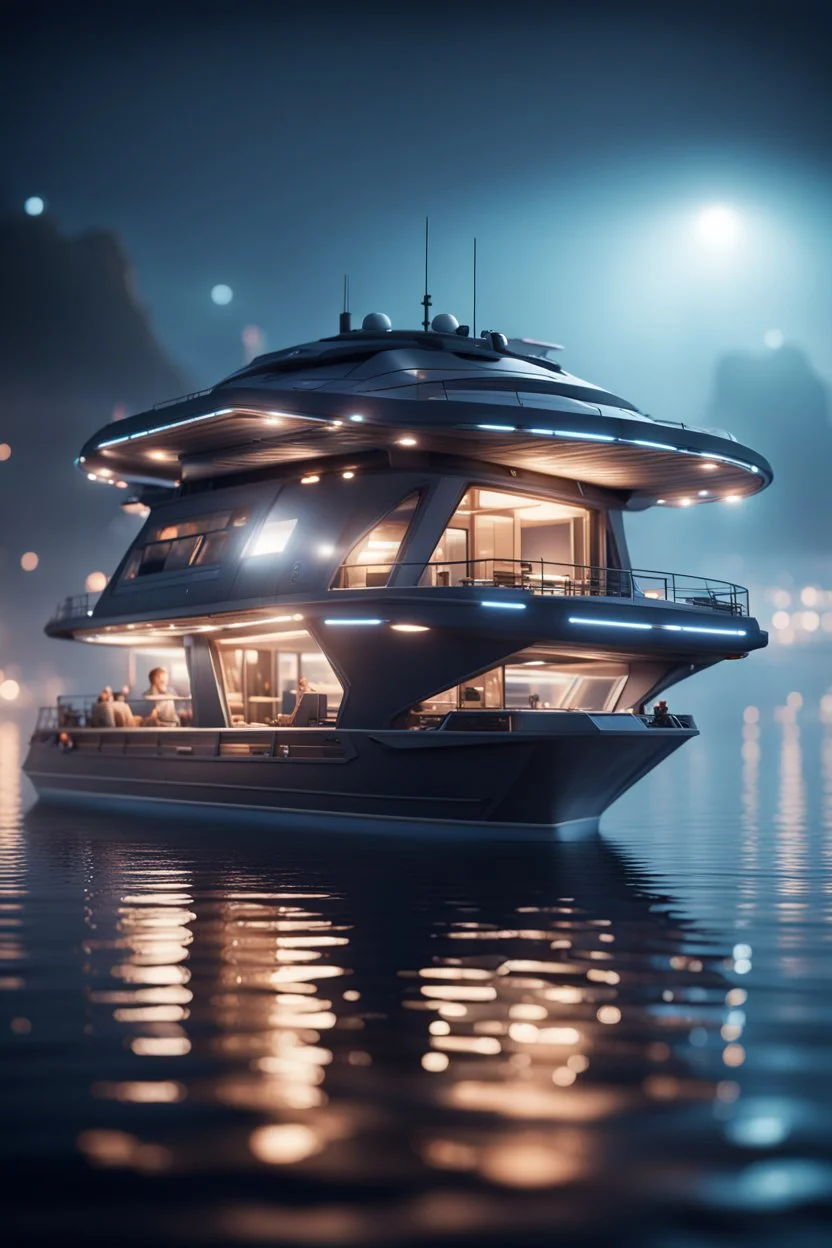 a misty catamaran raft modular house boat that looks like a dark twisted alien space ship with spotlights, in advanced hi tech dock, bokeh like f/0.8, tilt-shift lens 8k, high detail, smooth render, down-light, unreal engine, prize winning