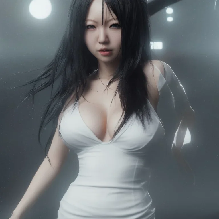 hitomi tanaka, dress white, long black hair, realistic, intriacte detail, sci-fi fantasy style, volumetric lighting, particales,highly detailed,cinamatic, deep colours,8k