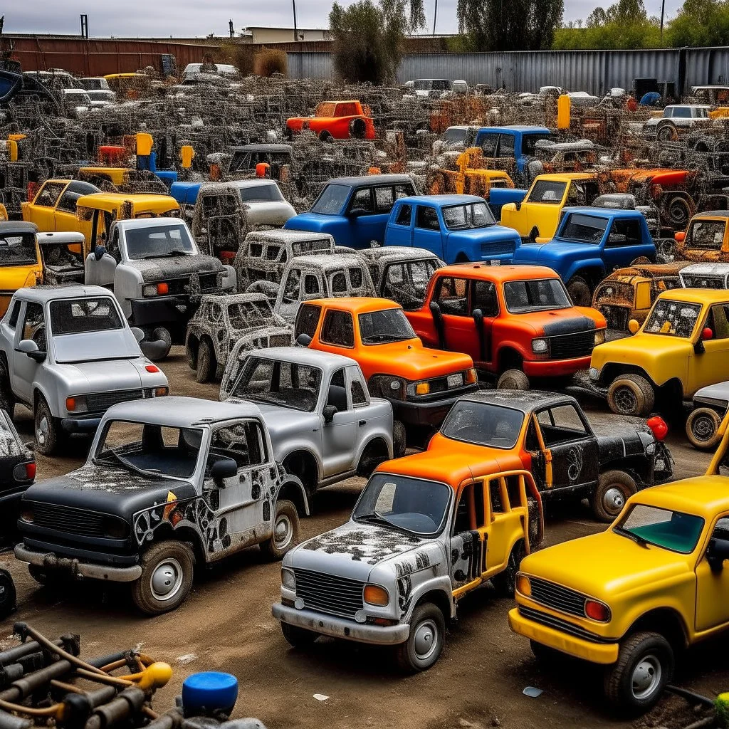 A junkyard filled with construction vehicles painted by Keith Haring