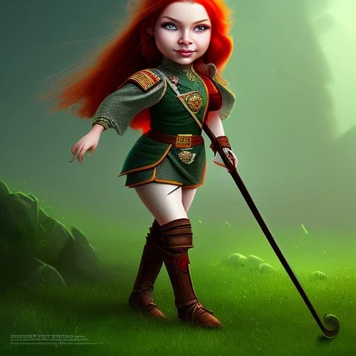 Halfling, girl, full body, red hair, adventure, sharp, green eyes, magic staff