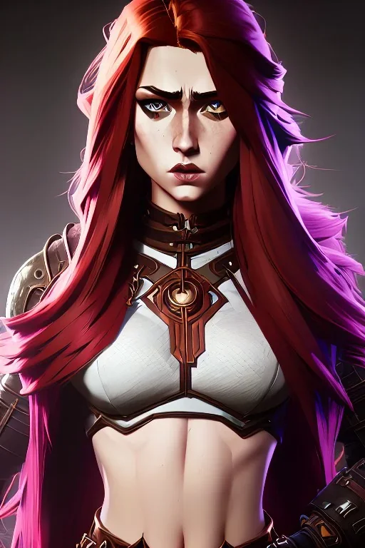 hyper realist, hyper detailed, stunningly beautiful teen woman, long ginger hair, medium freckles, skimpy fantasy intricate leather armour, full body and head, c-cup breasts, serious expression, centred camera, full frame, petite