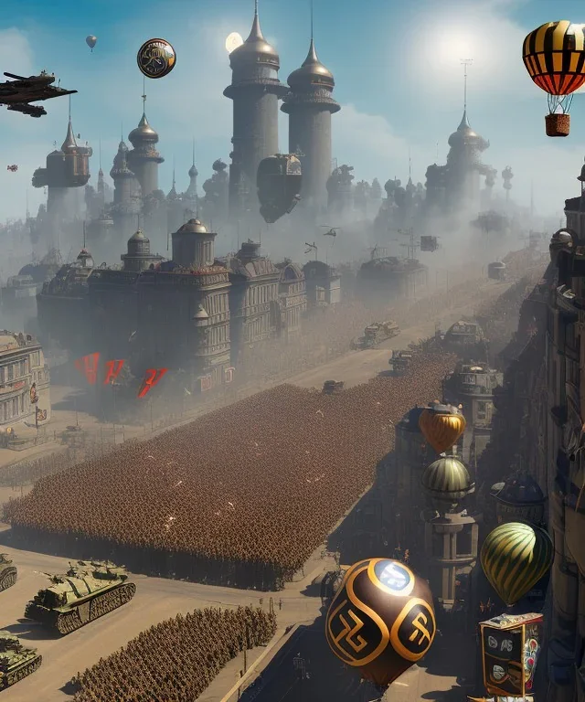 Steampunk Nazis city, with Balloon and swastika flag, people on the street watch the parade of the Wehrmacht army