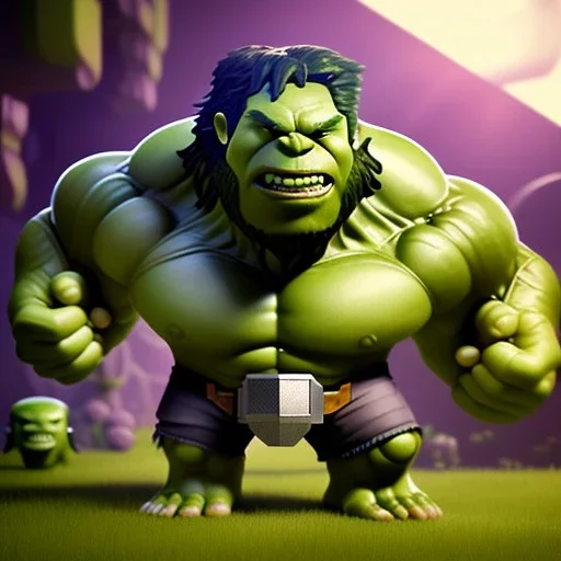 Clash of clans art style of a cute hulk, full body, by mobeius, au naturel, hyper detailed, digital art, trending in artstation, cinematic lighting, studio quality, smooth render, unreal engine 5 rendered, octane rendered, art style by klimt and nixeu and ian sprigger and wlop and krenz cushart