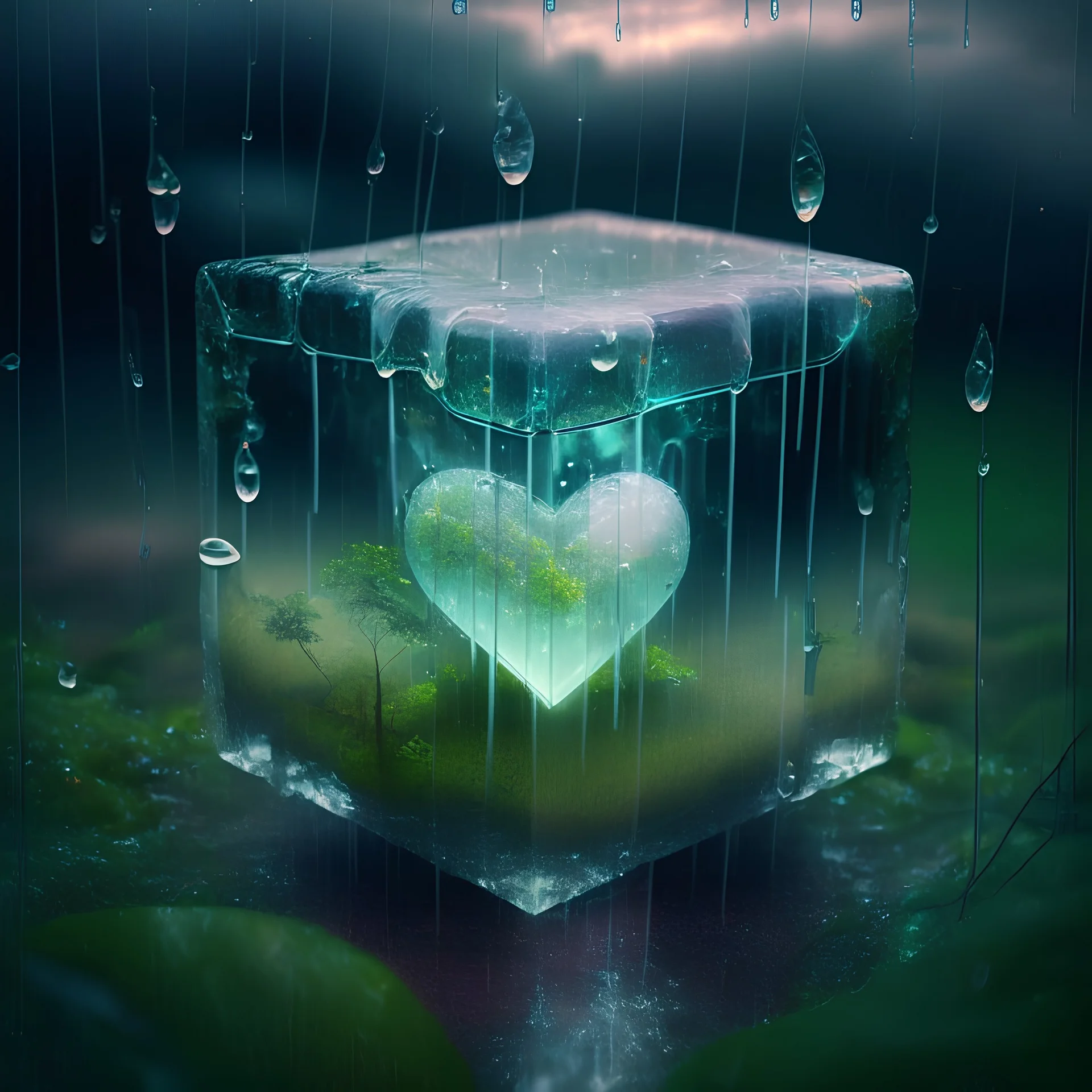 transparent cube with an electric heart in paradise nature in the rain