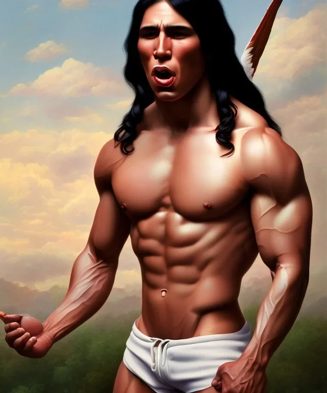 native american warrior, long black hair, big muscles, face up, mouth wide open, scream face, shirtless, looking to the sky