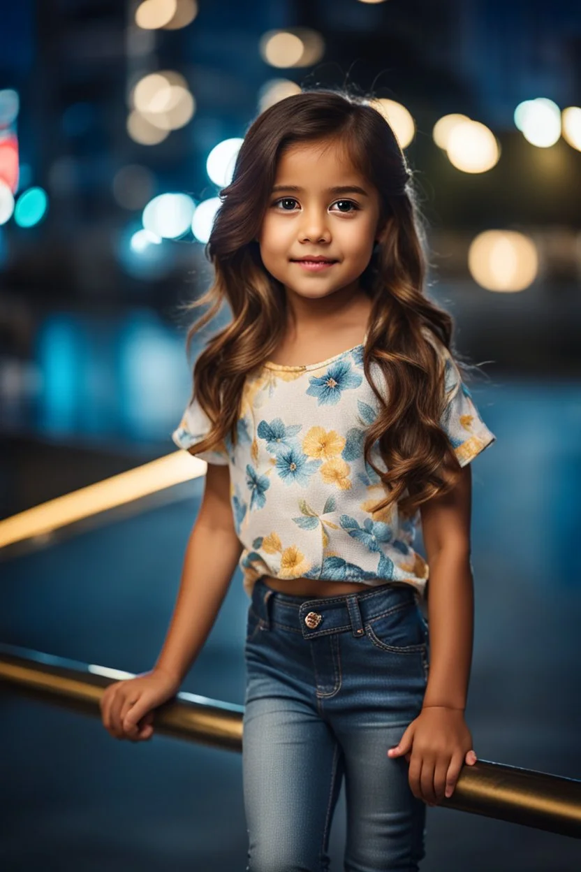 Little 6 years old beautiful girl perfect face,1girl wearing a pretty shirt and jean pant, standing pose,modern city ,night view