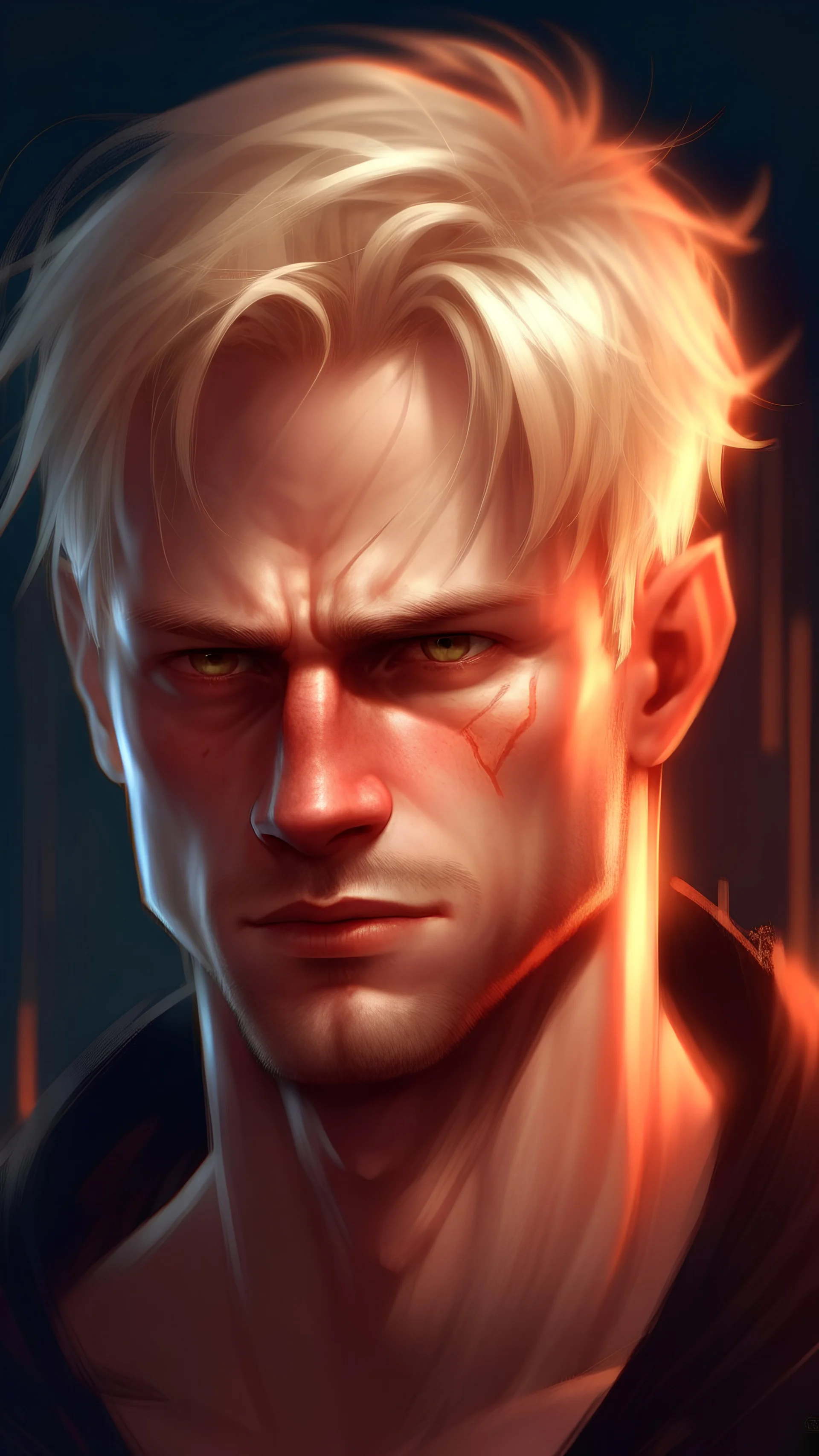 man, 35 years old, blond, short hair. red eyes. athletic build. height 190. antagonist, digital art